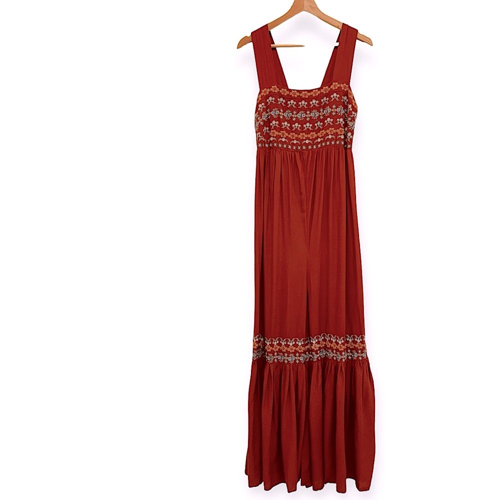Natural Life Women Medium Romper Jumpsuit Hannah Orange Clay Wide Leg Embroidery